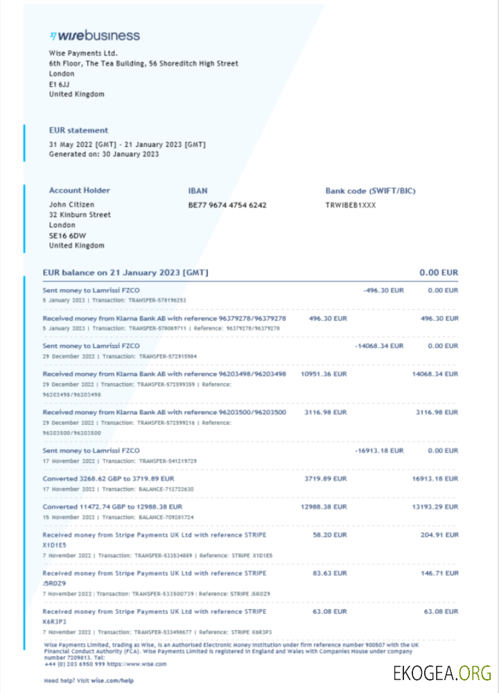 Modèle Word et PDF de relevé bancaire Wise Business du Royaume Uni